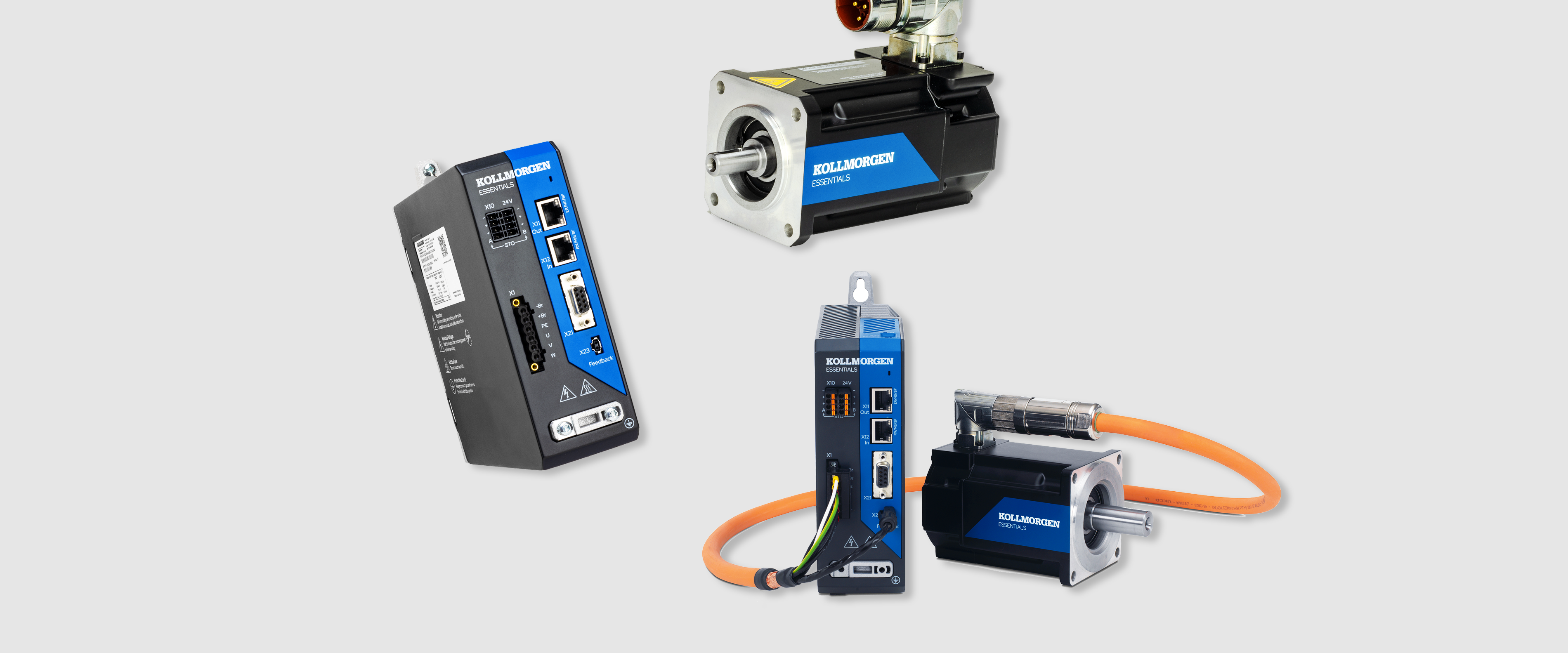 Systèmes de mouvement gamme Kollmorgen Essentials : servomoteurs et variateurs compacts haute performance.